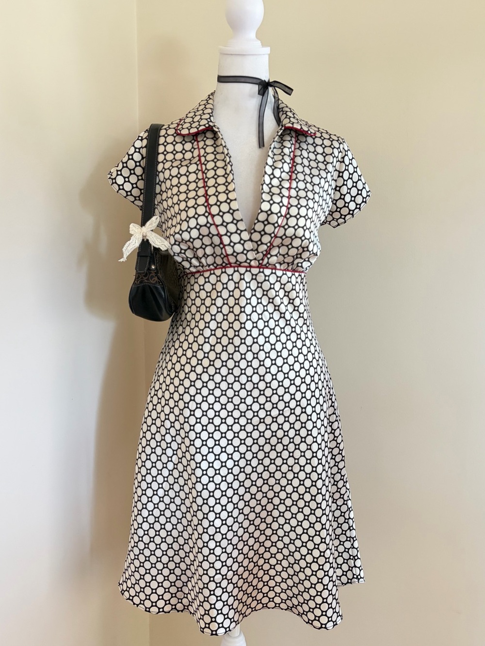 Vintage 90s Y2K satin babydoll polka dot collared dress silk-like fit flare S